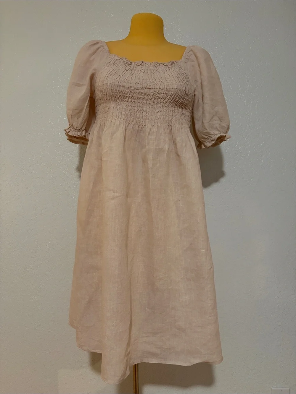 Bellambra 100% Linen Smocked Square Neck Midi Dress Puff Sleeve Babydoll Large